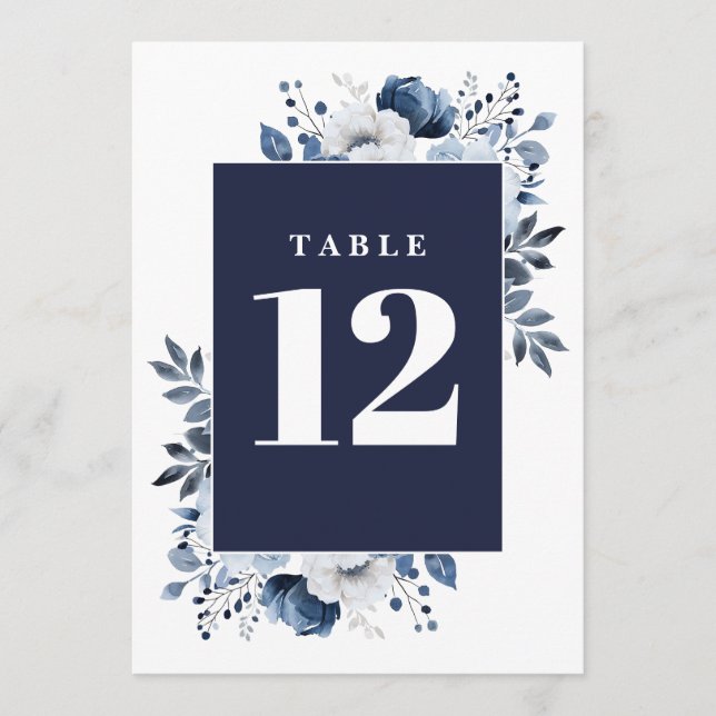 Invitation Navy Blue Elegant Pays Floral Numéro de tableau (Devant)