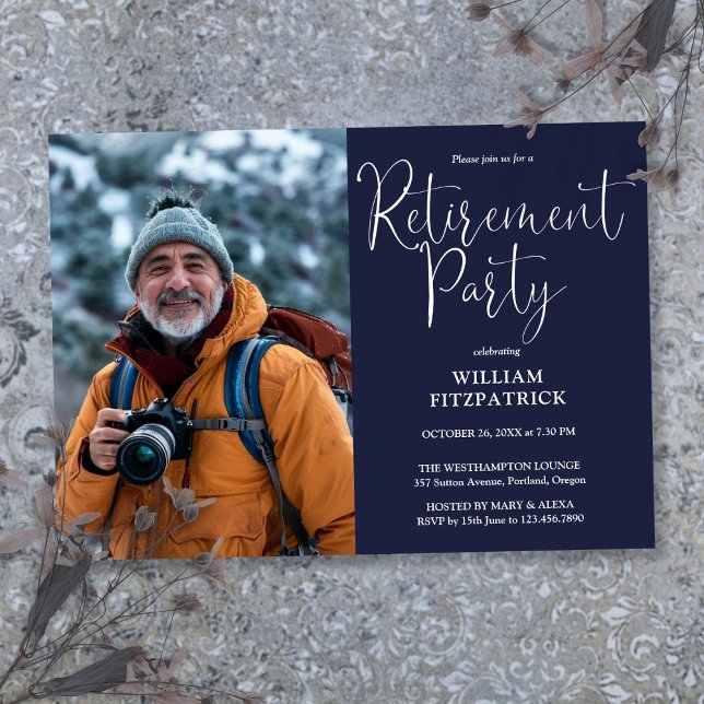 Invitation Navy Blue Elegant Script Photo Retraite Party (Navy Blue Elegant Script Photo Retirement Party Invitation)