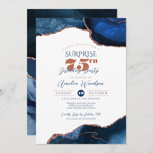 Invitation Navy Blue Elegant Surprise Party Adulte Anniversai (Devant / Derrière)
