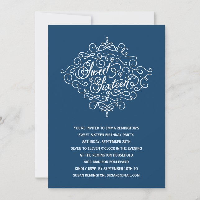 Invitation Navy Blue Elegant Sweet 16 Anniversaire (Devant)