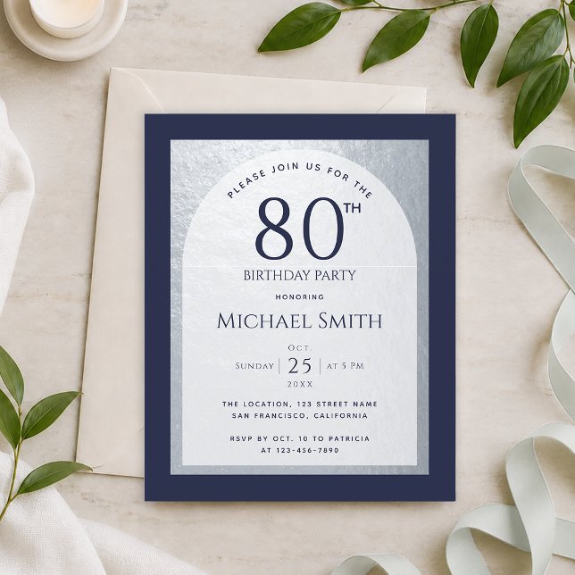 Invitation Navy Blue et Argent pour les 80 ans d'u (Créateur téléchargé)