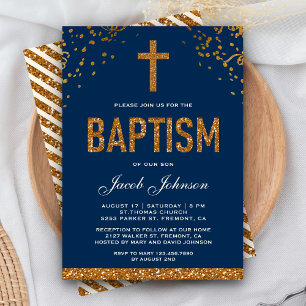 Invitation Navy Blue Faux Gold Glitter Cross Royal Baptism