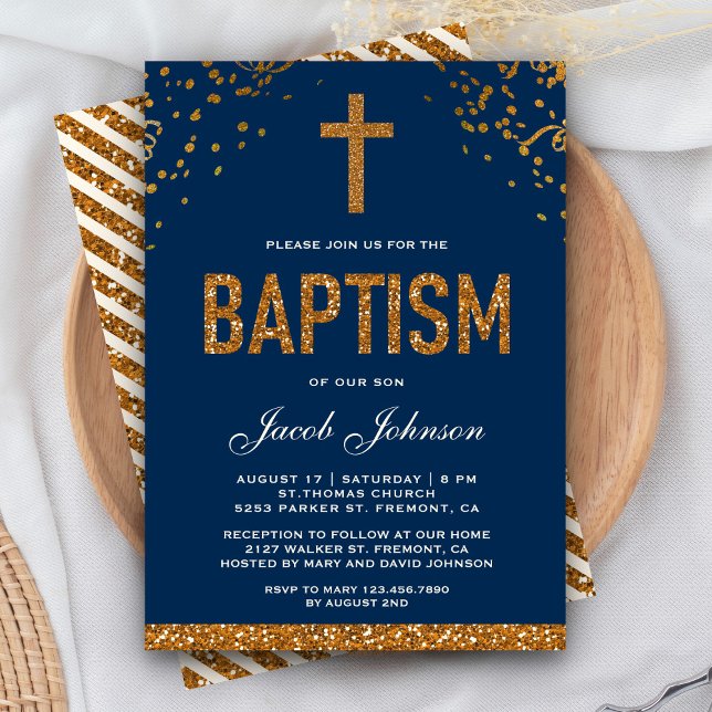 Invitation Navy Blue Faux Gold Glitter Cross Royal Baptism (Créateur téléchargé)