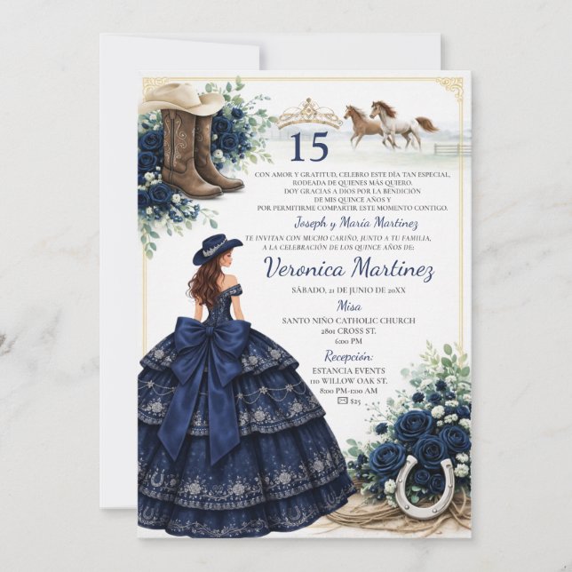 Invitation Navy Blue Floral Charro Princess 15 Ans Espagnol (Devant)