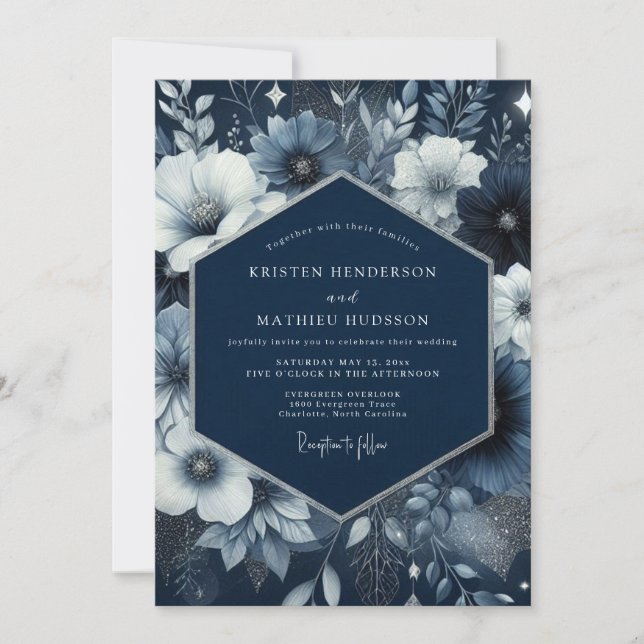 Invitation Navy Blue Floral Enchantment Wedding (Devant)