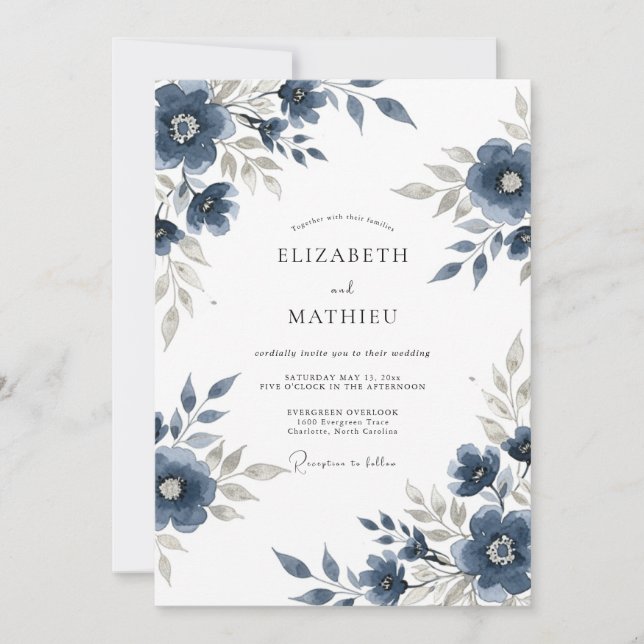 Invitation Navy Blue Floral Meadow Wedding (Devant)