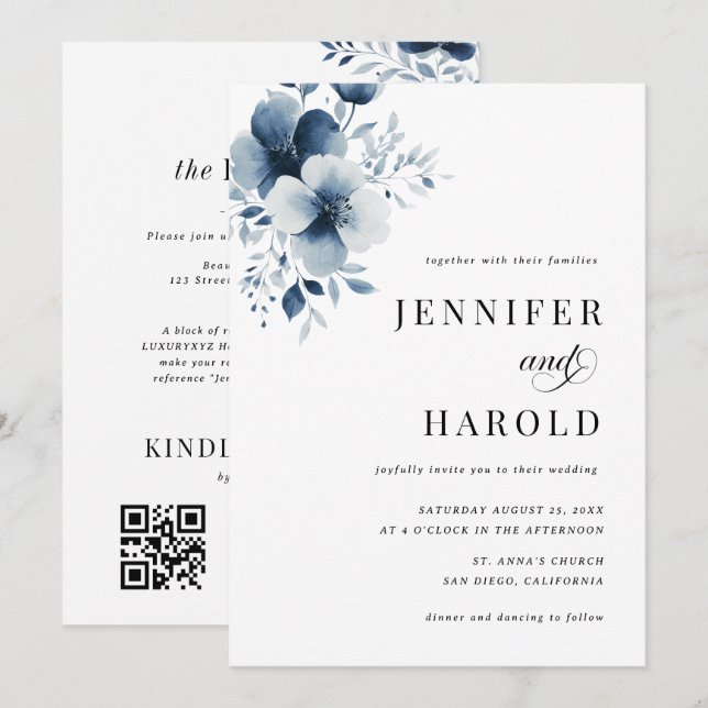 Invitation Navy Blue Floral Minimal Plain Robe de Mariée Tout (Devant / Derrière)