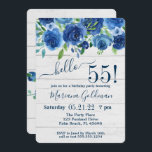 Invitation Navy Blue Floral Rustic 55e fête d'anniversaire<br><div class="desc">Invitation à la fête de 55e anniversaire à floral bleu marine - "bonjour 55 !" avec arrière - plan en bois de grange blanc et belle impression que vous pouvez customiser avec toutes les informations de votre fête d'anniversaire. avec lumières de bocal mason et belle impression que vous pouvez customiser...</div>