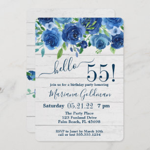 Invitation Navy Blue Floral Rustic 55e fête d'anniversaire