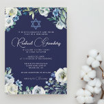 Invitation Navy Blue Floral Star of David Bat Mitzvah<br><div class="desc">Beautiful white peony flowers and green watercolor leaves form an elegant border on this pretty navy blue floral Bat Mitzvah invitation. Your daughter's name is written in chic, white calligraphy on this ceremony or party invitation under a Star of David for a Jewish family celebrating a girl being called to...</div>
