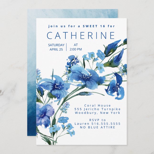 Invitation Navy Blue Floral Sweet 16 Party (Devant / Derrière)