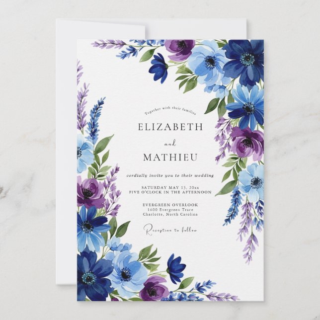 Invitation Navy Blue Floral Whimsy Wedding (Devant)