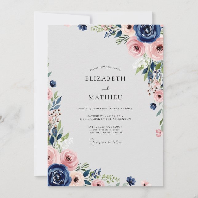 Invitation Navy Blue Flourishing Spring Wedding (Devant)