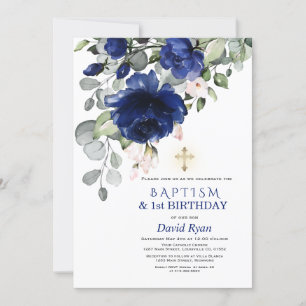 Invitation Navy Blue Flowers Baptême 1er anniversaire fête