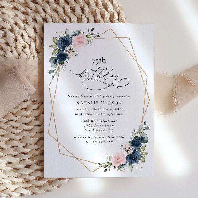 Invitation Navy Blue Flowers, Pink Flowers, Boho, Birthday (Créateur téléchargé)