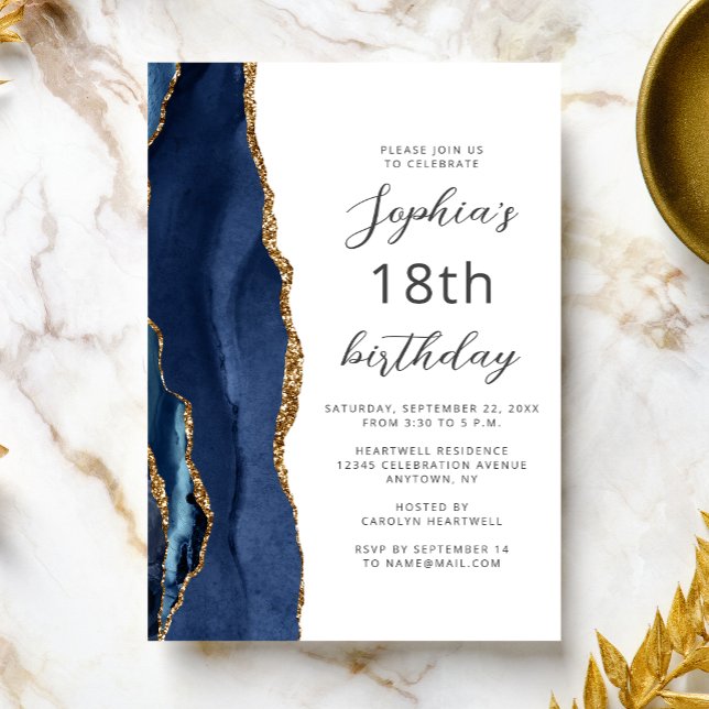 Invitation Navy Blue Gold Agate Script 18th Birthday (Créateur téléchargé)