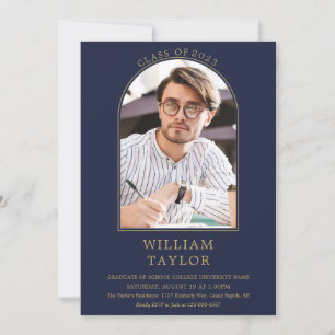 Invitation Navy Blue Gold Arch Photo Graduation Party