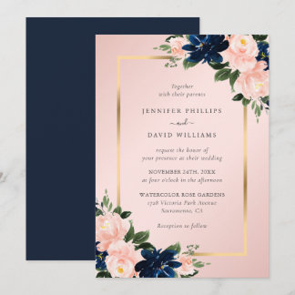 Invitation Navy Blue Gold Blush Pink Floral Wedding