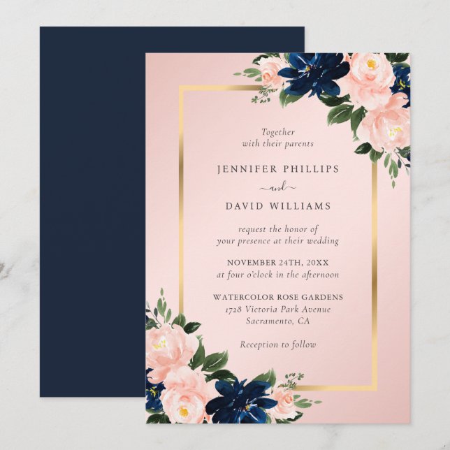 Invitation Navy Blue Gold Blush Pink Floral Wedding (Devant / Derrière)