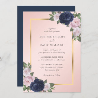 Invitation Navy Blue Gold Blush Pink Floral Wedding
