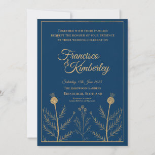 Invitation Navy Blue Gold Botanical Chardon Personnalisé Mari
