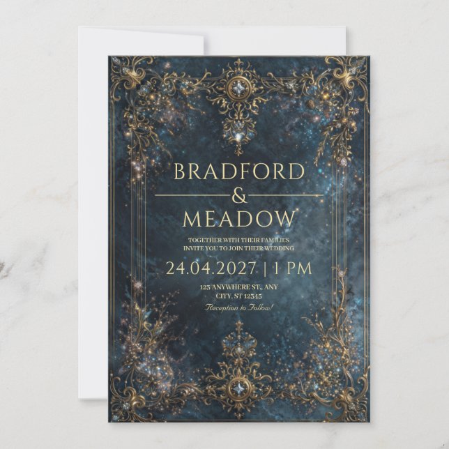 Invitation Navy Blue Gold Celestial Starry Night Wedding (Devant)