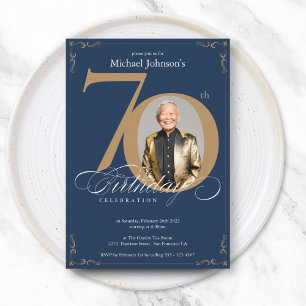 Invitation Navy Blue Gold Elegant Photo 70th Birthday Party