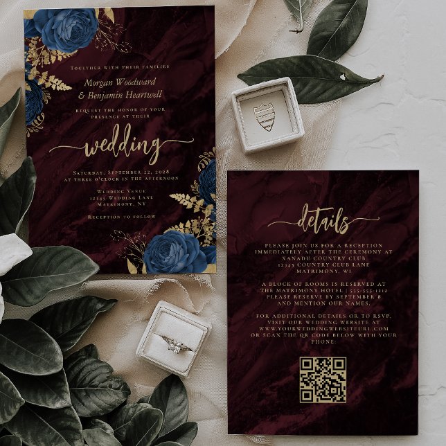 Invitation Navy Blue Gold Floral Burgundy QR Code Wedding (Créateur téléchargé)
