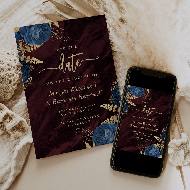 Invitation Navy Blue Gold Floral Burgundy Save the Date (Créateur téléchargé)