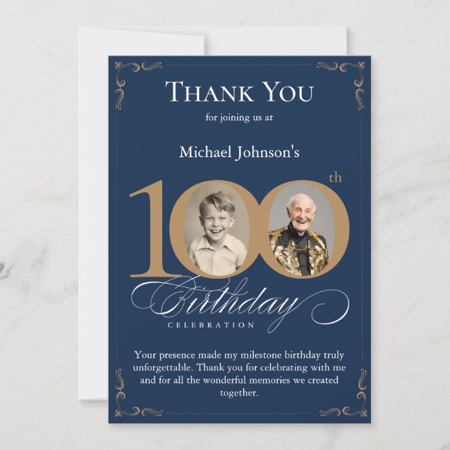 Invitation Navy Blue Gold Photo 100th Birthday Thank You Card (Devant)