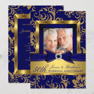Invitation Navy Blue Gold Photo 50e Anniversaire de Mariage