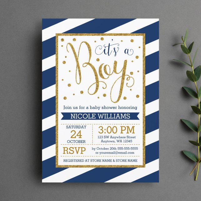 Invitation Navy Blue Gold Stripes Garçon Baby Douche Invitati (Créateur téléchargé)