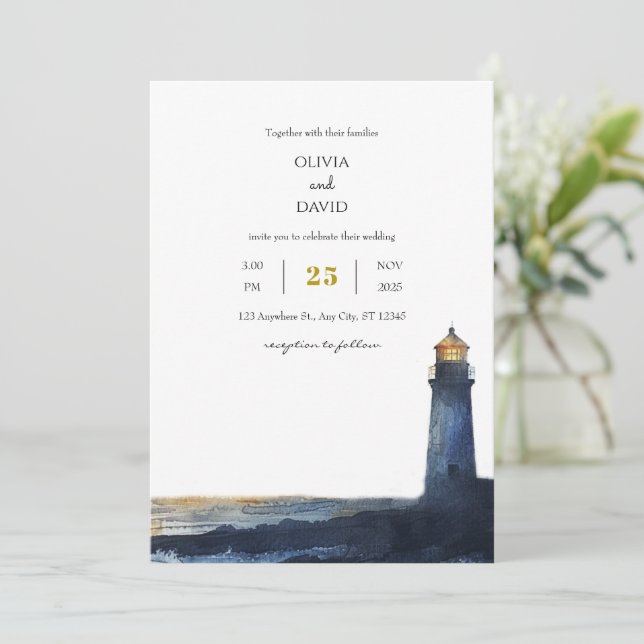 Invitation Navy Blue Golden Sunset Lighthouse Beach Mariage (Debout devant)