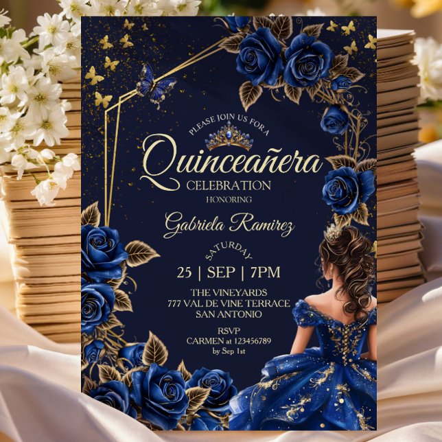 Invitation Navy Blue Golden Tiara Roses  Quinceañera (Créateur téléchargé)