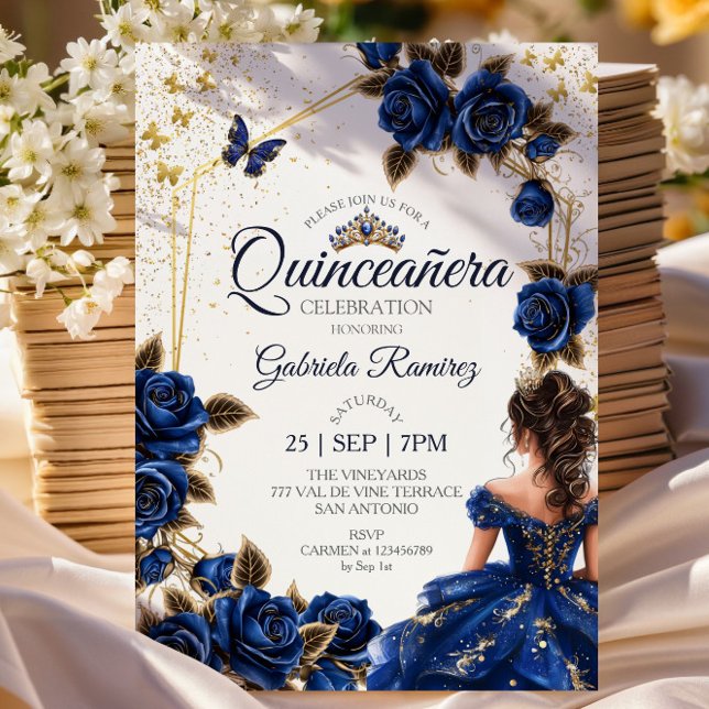 Invitation Navy Blue Golden Tiara Roses  Quinceañera (Créateur téléchargé)