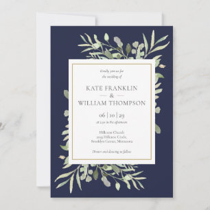 Invitation Navy Blue Green All In One QR Code Mariage