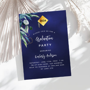 Invitation Navy blue greenery 2025 fête de graduation de luxe