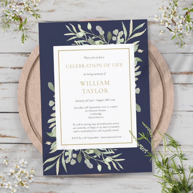 Invitation Navy Blue Greenery Funeral Celebration of Life (Créateur téléchargé)