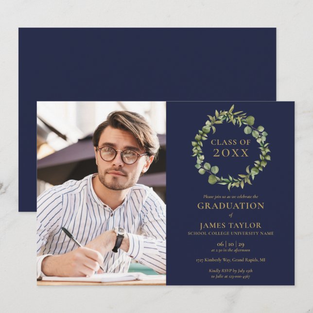 Invitation Navy Blue Greenery Garland Photo Party (Devant / Derrière)
