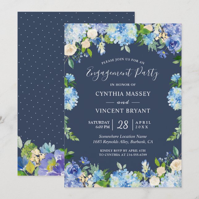Invitation Navy Blue Hydrangeas Floral Engagement Party (Devant / Derrière)