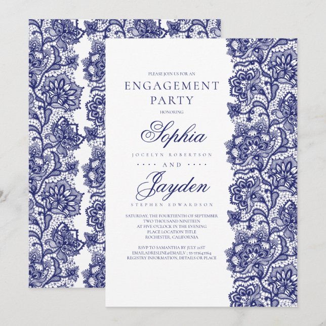 Invitation Navy Blue Lace Elegant White Engagement Party (Devant / Derrière)