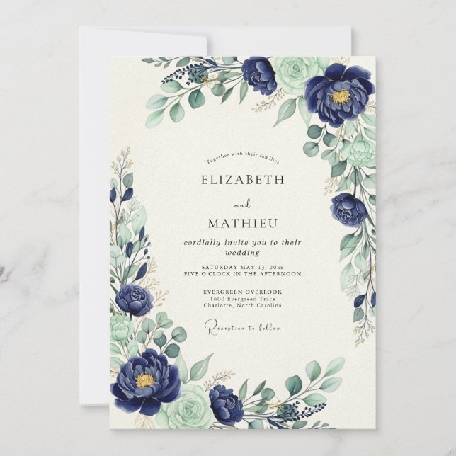Invitation Navy Blue Majestic Botanical Wedding (Devant)