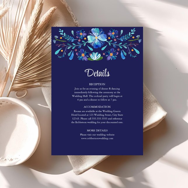 Invitation Navy Blue Mexican Floral Fiesta Détails du Mariage (Navy Blue Mexican Floral Fiesta Wedding Details Invitation on a neutral boho table.)