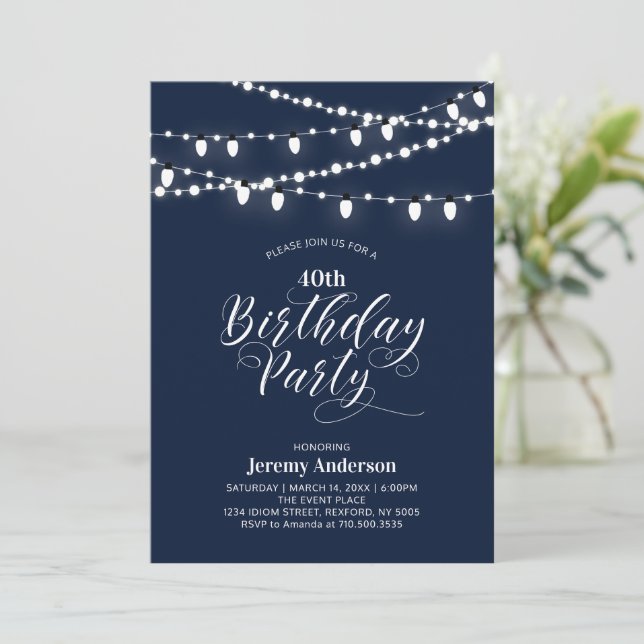 Invitation Navy Blue Modern 40e fête d'anniversaire adulte (Debout devant)