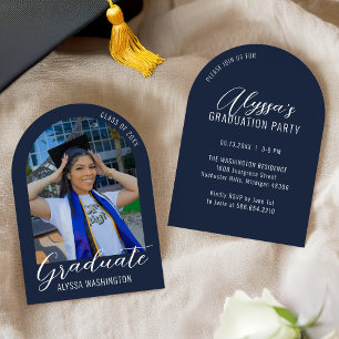 Invitation Navy Blue Modern Arch Photo Party Graduation