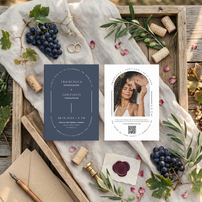 Invitation Navy Blue Modern Arch QR Code Photo Boho Wedding  (Créateur téléchargé)