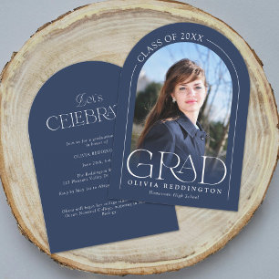 Invitation Navy Blue Modern Minimal Photo Arch Grad Party