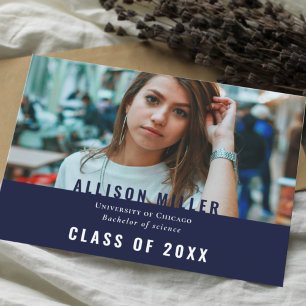 Invitation Navy Blue Modern Typographie Photo Graduation Part