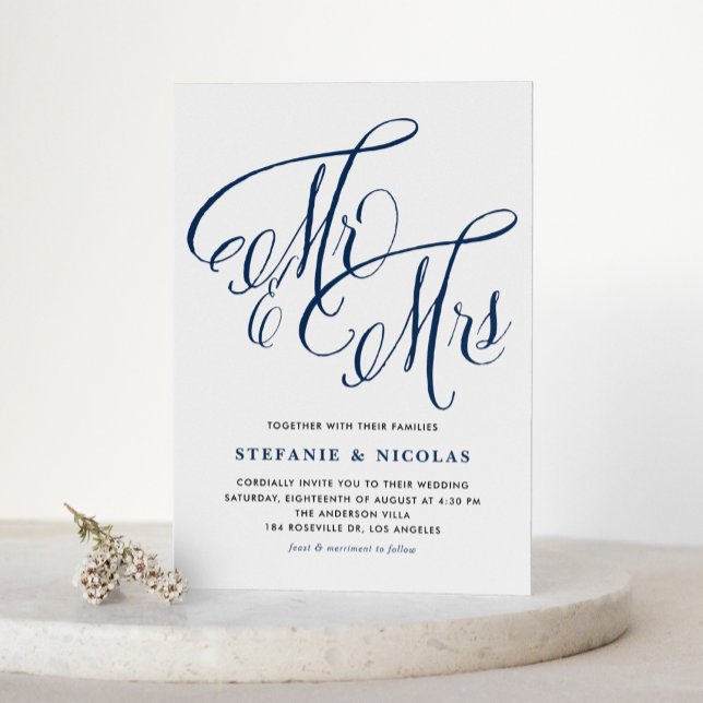 Invitation Navy Blue Mrs & Mrs Rustic Script QR Code Mariage (Navy Blue Mrs and Mrs Rustic Calligraphy QR Code Wedding Invitation)