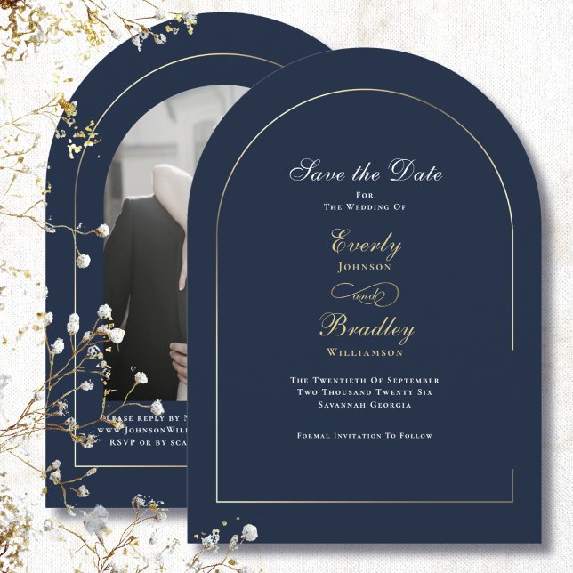 Invitation Navy Blue Or Arch Blanc Save the Date Mariage (Créateur téléchargé)